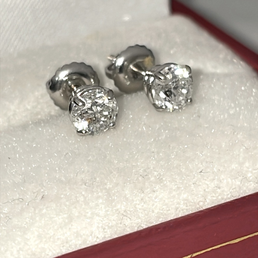 Solid Stamped 14K White Gold Natural 1.00CTW Diamond Stud Earrings Screw Backs - Picture 11 of 14